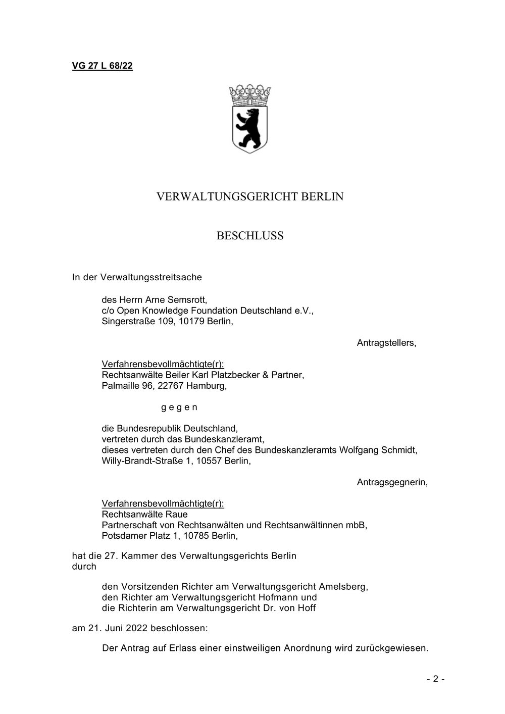 Verwaltungsgericht: Beschluss VG 27 L 68/22 - FragDenStaat