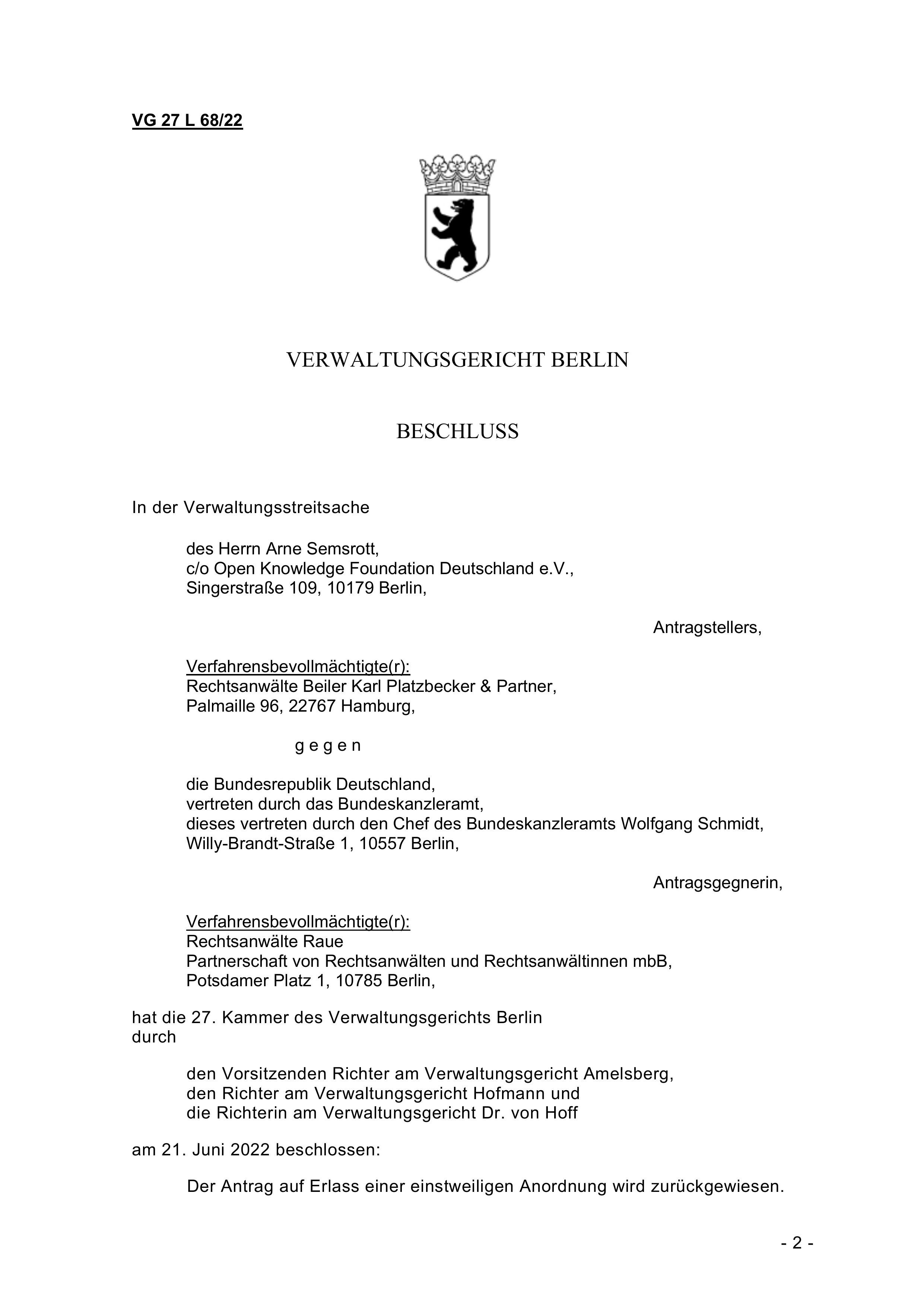 Verwaltungsgericht: Beschluss VG 27 L 68/22 - FragDenStaat