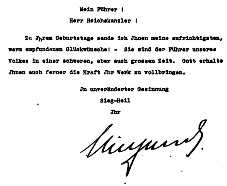 Geburtstagsgrüße von Wilhelm an Hitler 1936