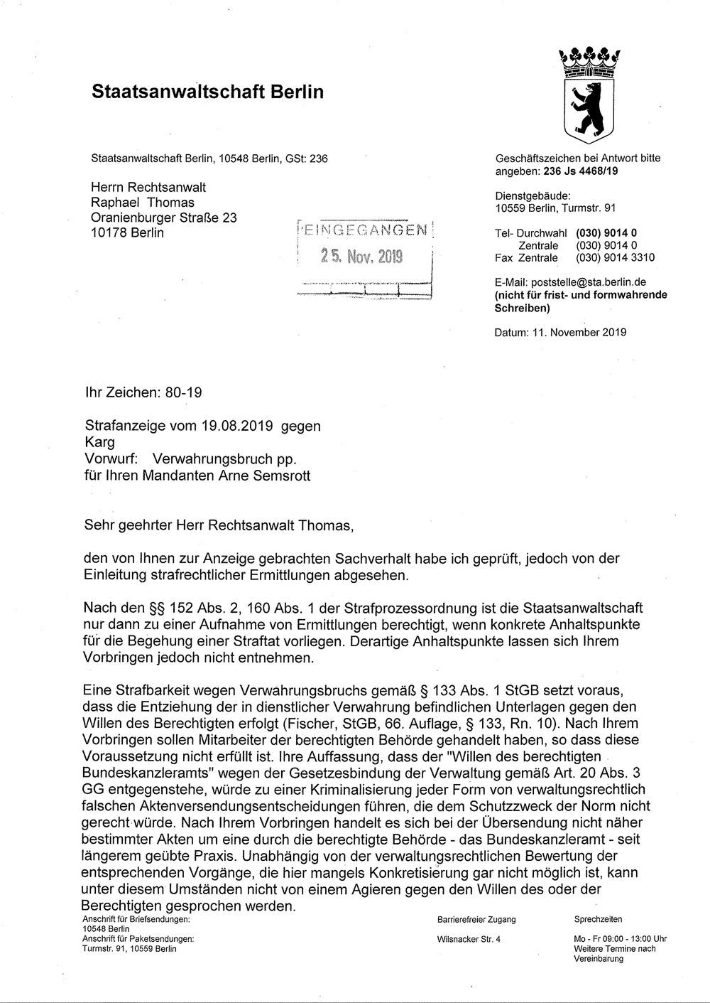 Bescheid der Staatsanwaltschaft FragDenStaat