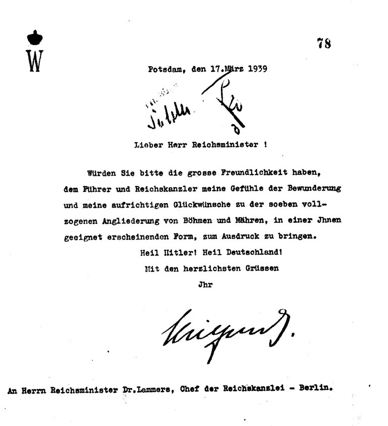 Glückwunschschreiben zum Überfall auf Böhmen und Mähren