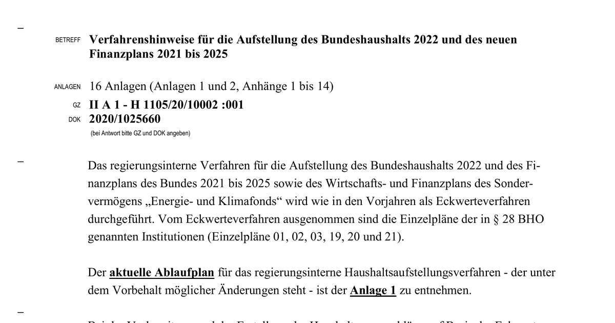 Verfahrenshinweise Für Die Aufstellung Des Bundeshaushalts 2022 Und Des ...