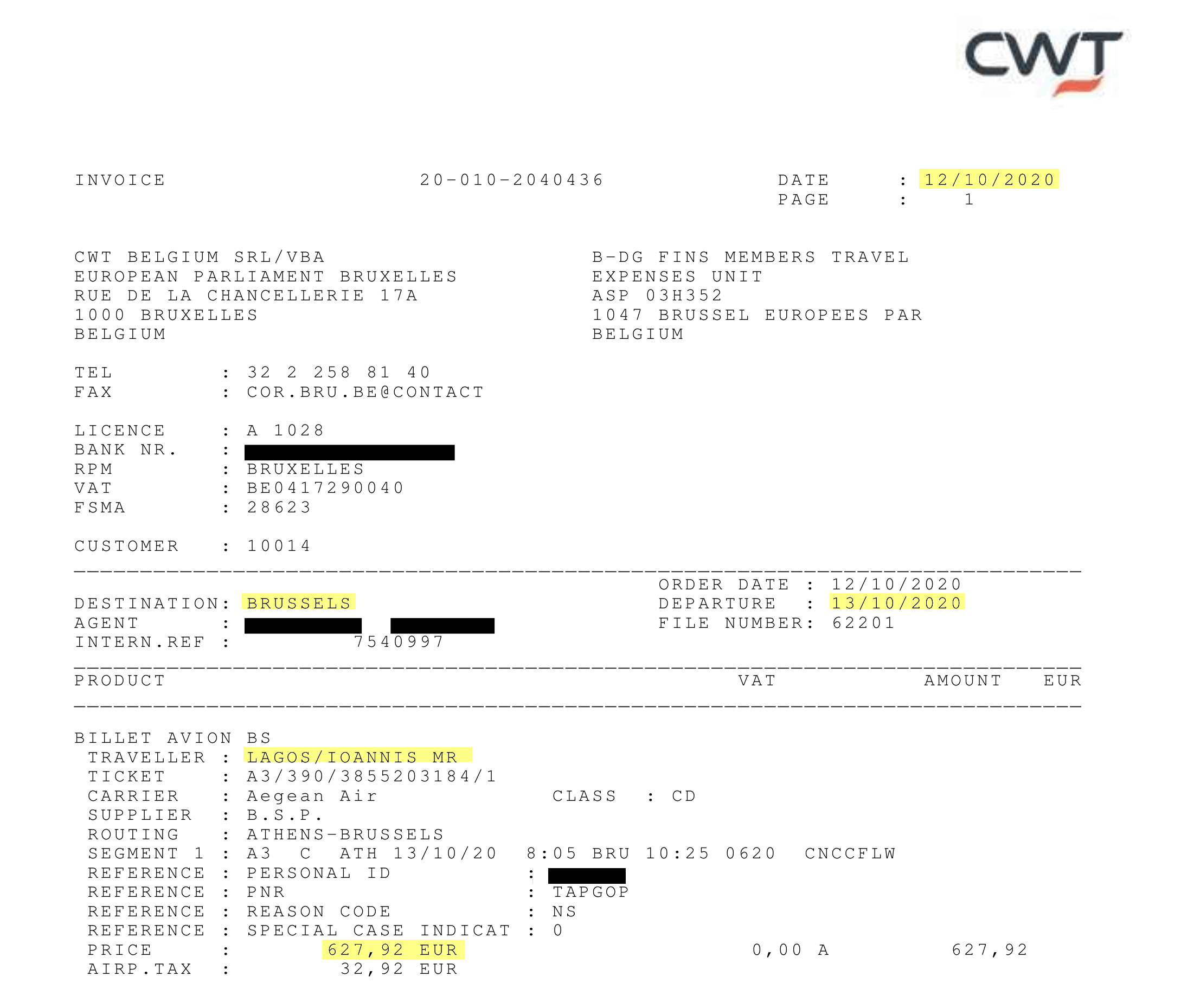 Rechnung für Reise von Athen nach Brüssel