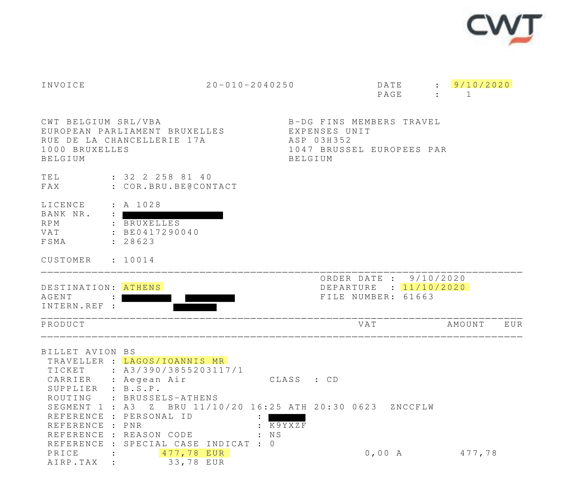 Rechnung für Reise von Brüssel nach Athen