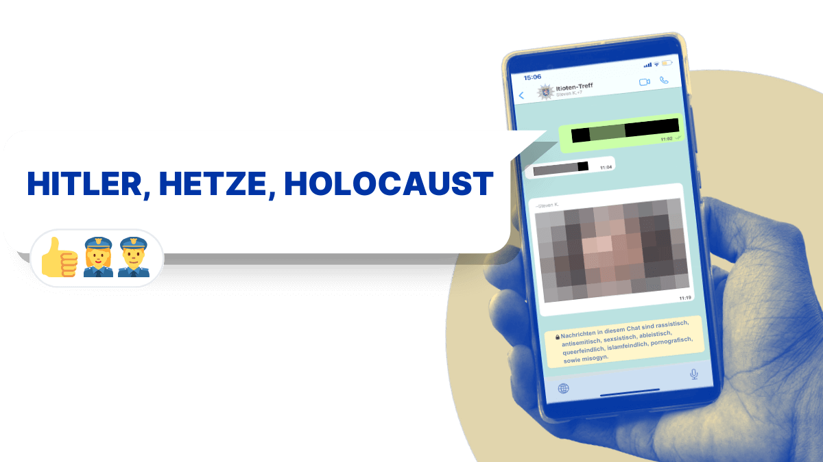 Eine Chatgruppe auf einem Smartphone, mit Sprechblase „Hitler, Hetzte, Holocaust“ und Polizei-Emojis