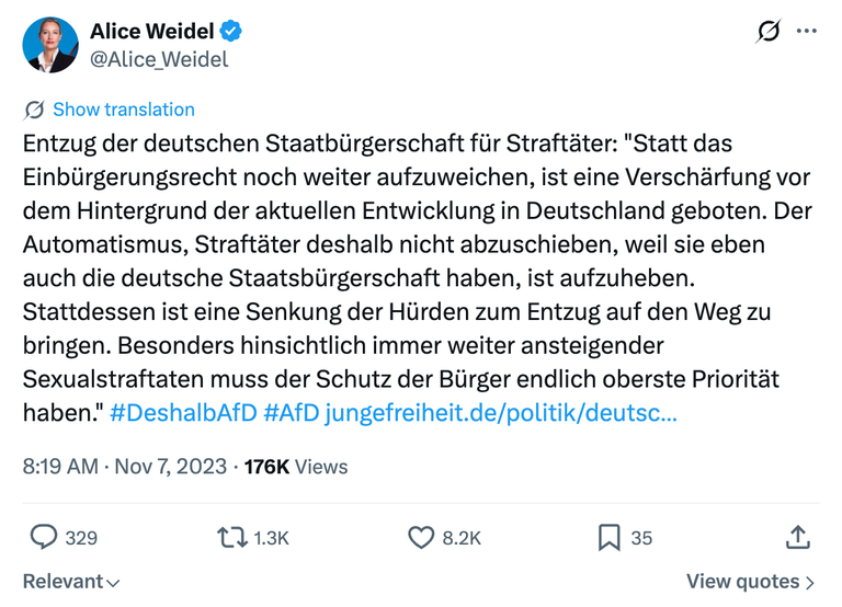Alice Weidel, Bundestagsabgeordnete aus Baden-Württemberg, Bundessprecherin und Fraktionschefin, X-Post vom 07.11.2023