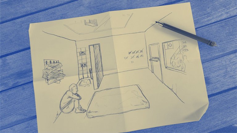 Zeichnung von einer Person, die an der Wand einer kargen Zelle lehnt. Auf dem Boden liegt eine Matratze. Es gibt eine Tür, ein Beobachtungsfenster und ein Klo.