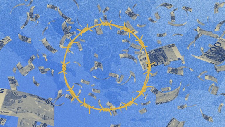 Das Bild zeigt einen gelben Stacheldraht-Kranz in der Anmutung der Sterne der Europaflagge auf blauem Grund. Im Hintergrund ist schwach eine Landkarte zu sehen, in der Bosnien dunkel hervorgehoben ist. Im Vordergrund regnet es 500€-Scheine