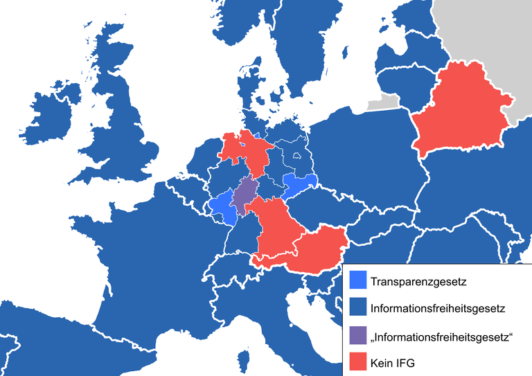 Europakarte. Rot markiert sind Länder ohne IFG (Österreich, Belarus, Bayern, Sachsen und Niedersachsen), Länder mit IFG sind blau markiert (alle anderen europäischen Länder sowie deutsche Bundesländer)