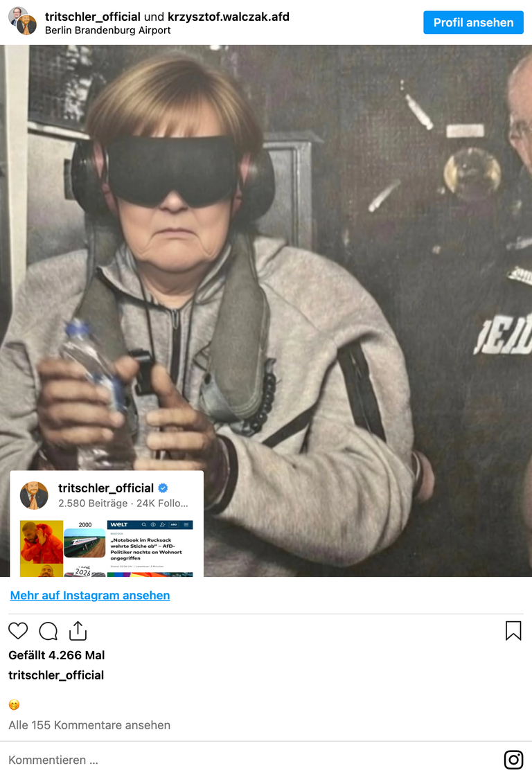 Sven Tritschler, Landtagsabgeordneter und Stellvertreter. Landesvorsitzender des Landes Nordrhein-Westfalen, Instagram-Beitrag vom 3. Januar 2026