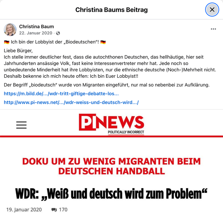 Christina Baum, Bundestagsabgeordnete aus Sachsen-Anhalt und ehemaliges Mitglied des Bundesvorstandes, Facebook-Beitrag vom 22.01.2020