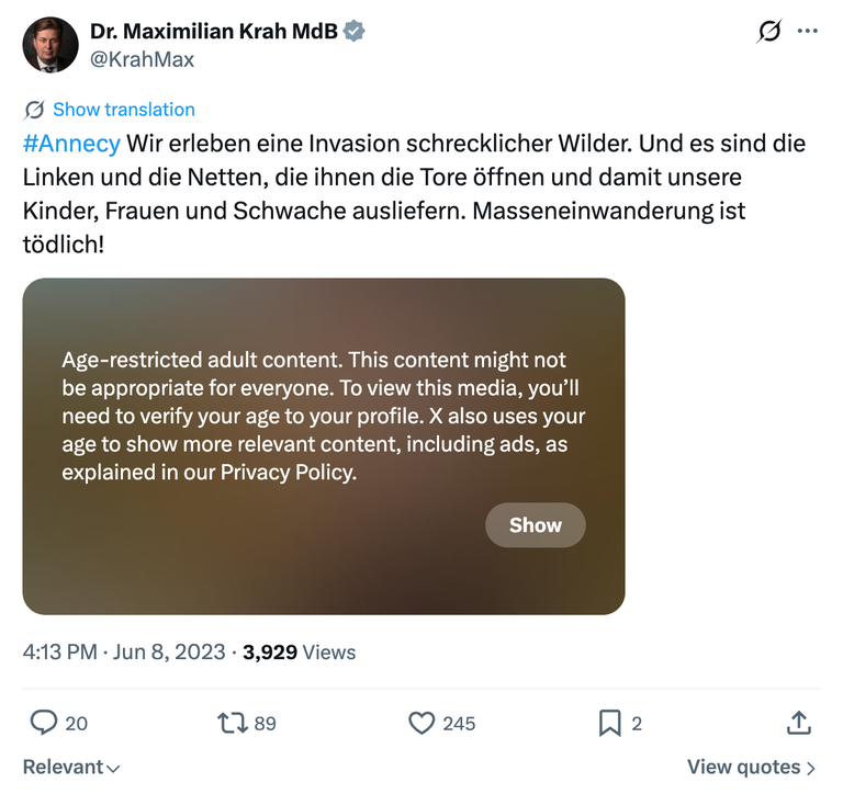 Maximilian Krah, Bundestagsabgeordneter aus Sachsen, X-Post vom 08.06.2023