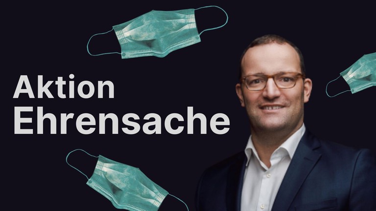 Aktion Ehrensache-Titelbild mit Jens Spahn. Im Hintergrund sind medizinische Masken zu sehen.