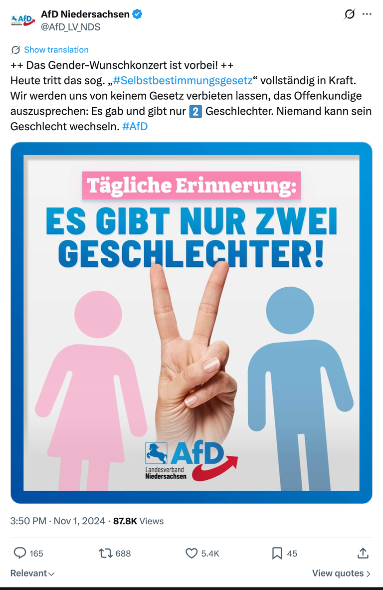 AfD-Landesverband Niedersachsen, X-Post vom 01.11.2024