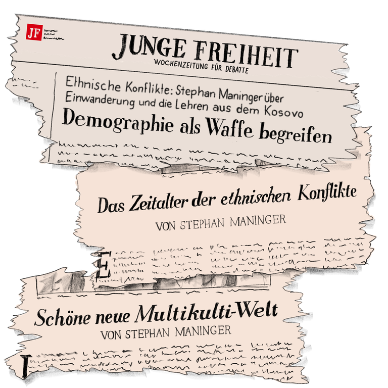 Illustration: Collage aus gezeichneten zerrissenen Zeitungsseiten mit Überschriften wie „Das Zeitalter der ethnischen Konflikte“, „Demographie als Waffe begreifen“ und „Schöne neue Multikulti-Welt“. aus der "Jungen Freiheit".