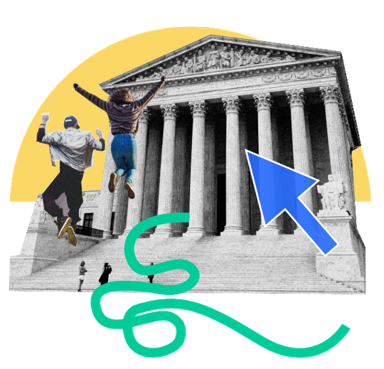 Zwei Menschen springen hoch vor einem griechischen Säuleneingang, ein blauer Cursor schwebt darüber, im Hintergrund geht die eine stilisierte Sonne auf