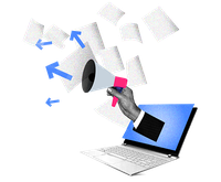Megaphone an einer Hand, die aus einem Laptop kommt. Das Megaphone stößt Pfeile und Dokumente aus.