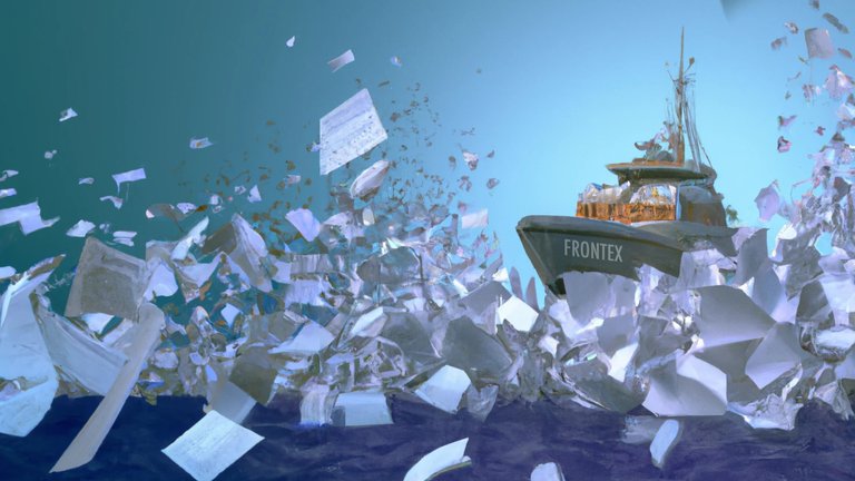 Ein computergeneriertes Bild mit einem Frontex-Schiff in einem Meer aus Dokumenten