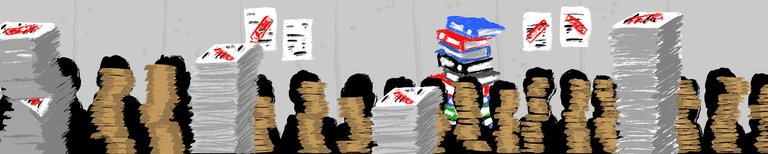 Gemalte Illustration mit Papierstapeln, schattenhaften Personen und Münzenstapeln