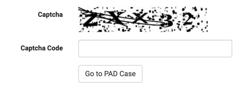 Screenshot der Frontex-PAD-Website. Zu sehen ist ein CAPTCHA-Bilder mit verzerrten Buchstaben und Zahlen, darunter ein Eingabefeld “Captcha Code”