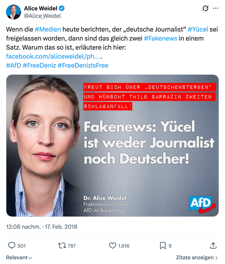 Alice Weidel, Bundestagsabgeordnete aus Baden-Württemberg, Bundessprecherin und Vorsitzende der Bundestagsfraktion, Twitter-Beitrag vom 17. Februar 2018